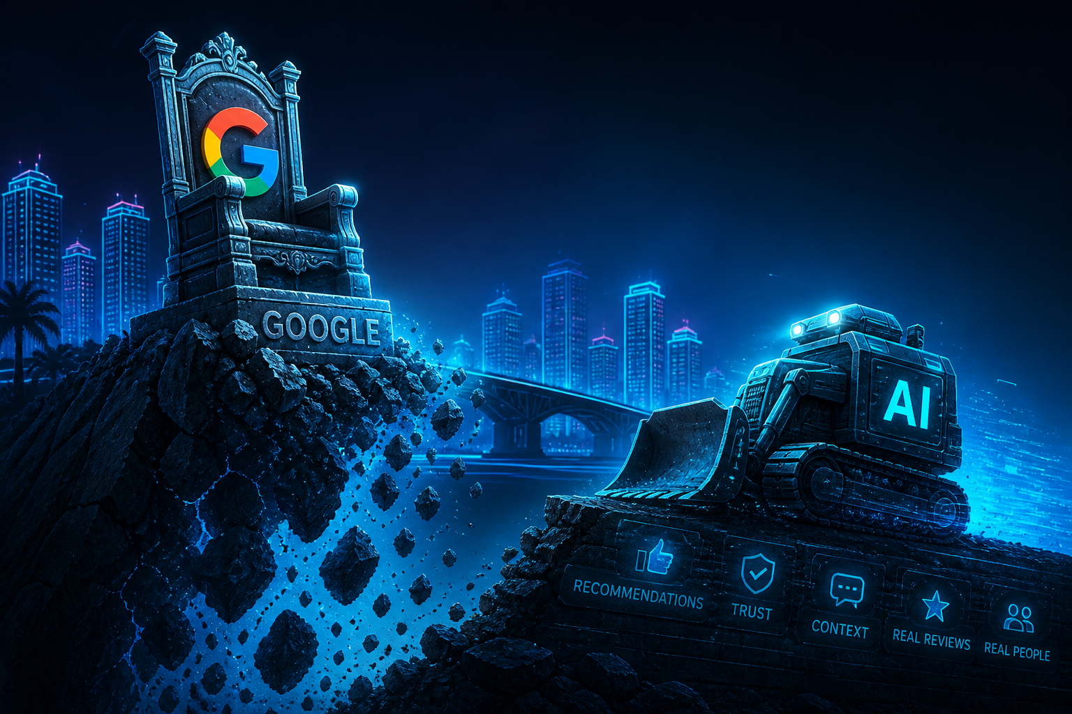 Google's Throne Is Eroding - Rank Local Web Design & SEO blog post image depicting an AI bull dozer about to plow over a throne belonging to Google with the Rank Local Web Design & SEO Fort Myers Skyline logo in the background