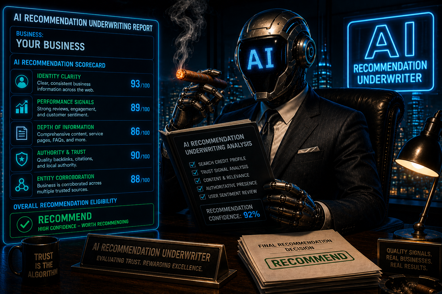 What Is AEO - Image of AI underwriter deciding on what businesses to recommend.