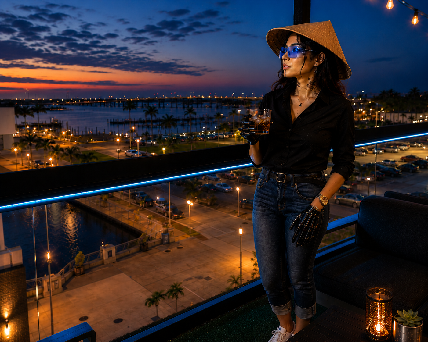 Asia: Rank Local Web Design & SEO's female Ai mascot and area guide taking in the view over the Caloosahatchee river from Downtown Fort Myers Landmark Skybar