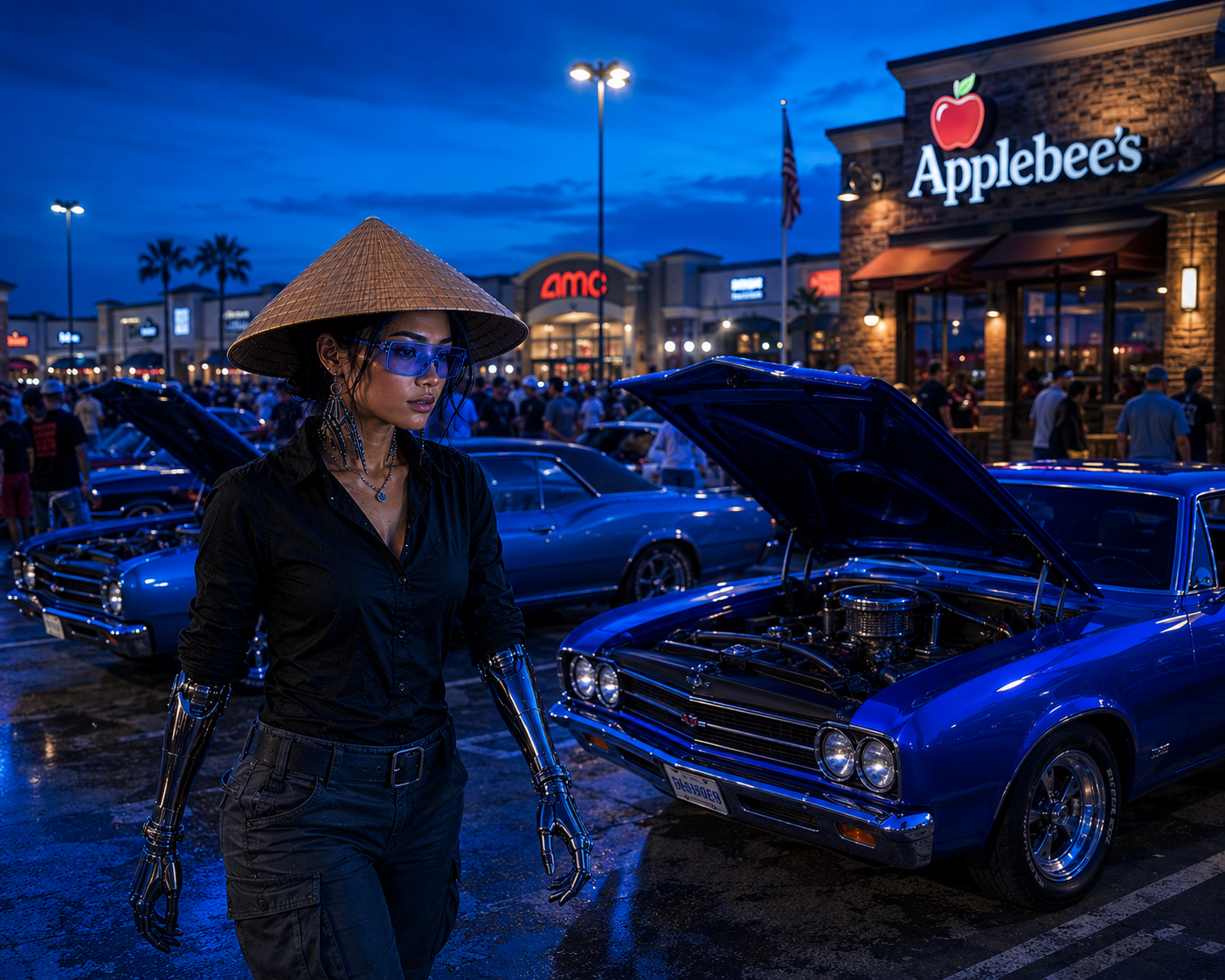 Asia: Rank Local Web Design & SEO's female Ai mascot and area guide taking in a traditional North Fort Myers car show at the Applebees on North Cleveland Ave.
