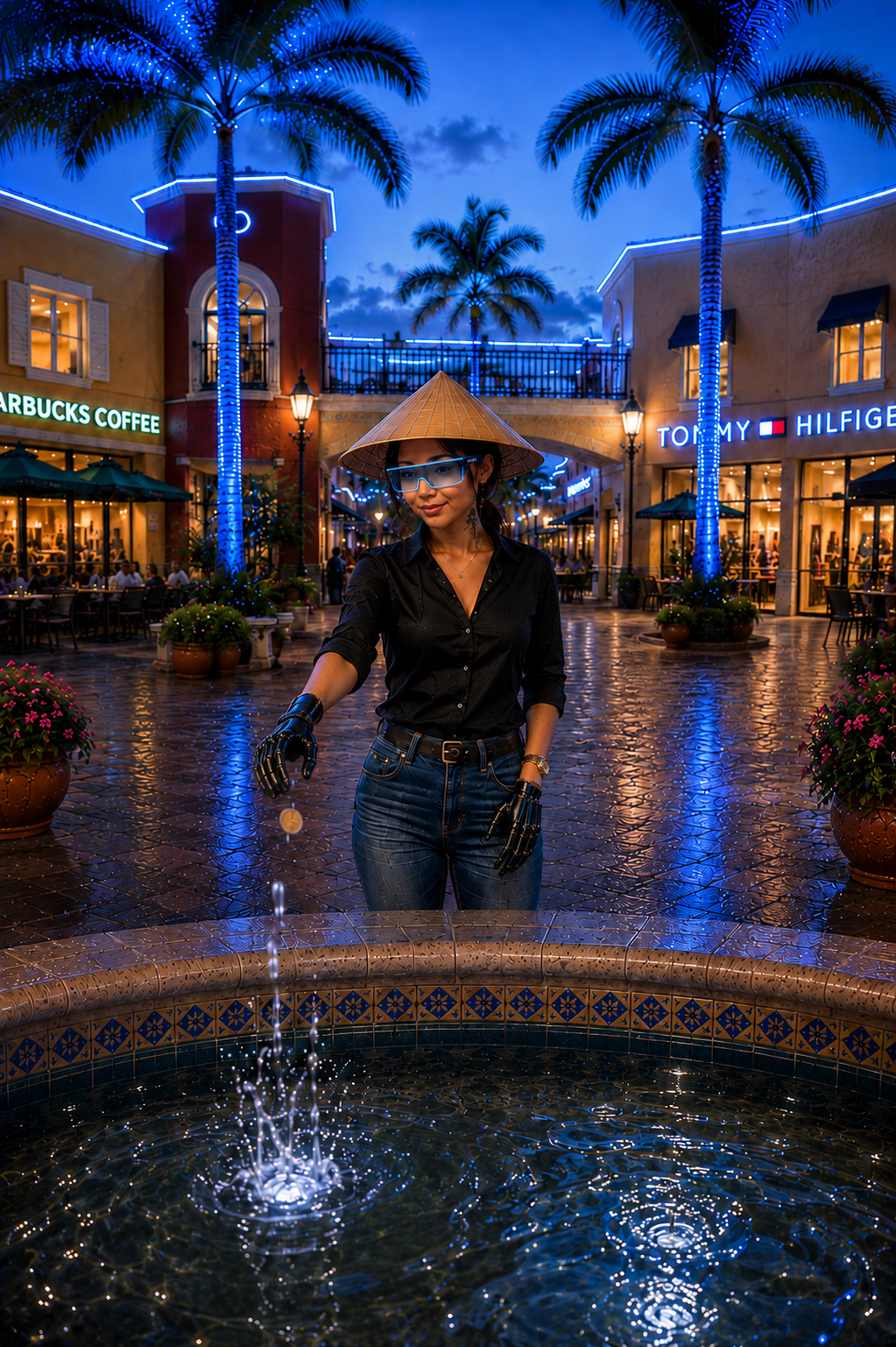 Asia: Rank Local Web Design & SEO's female Ai mascot and area guide throwing change into the fountain at the Miromar Outlets in Fort Myers (Estero) Florida.