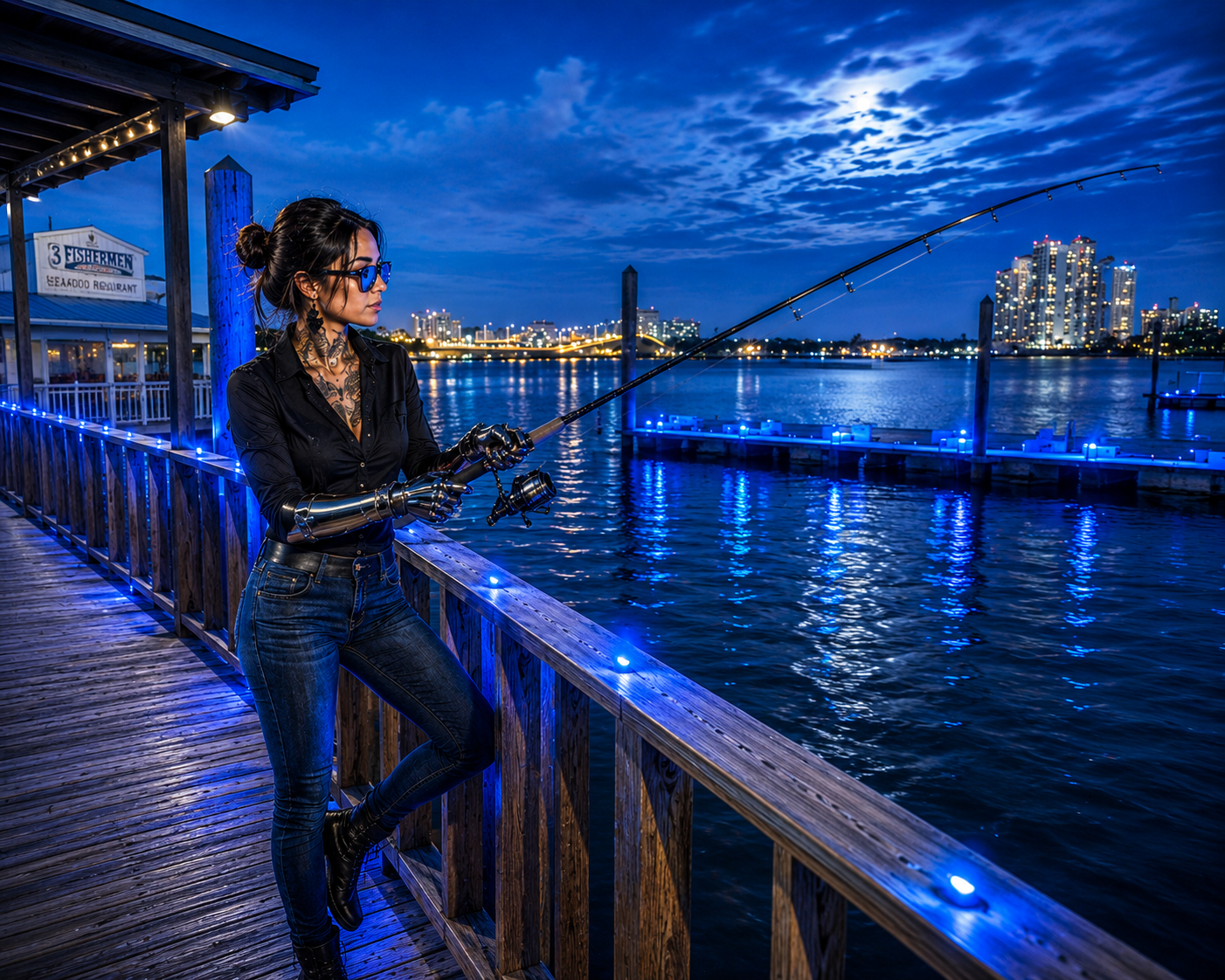 Asia: Rank Local Web Design & SEO's female Ai mascot and area guide fishing off the famous dock in North Fort MYers located right outside of 3 Fishermans Restaurant located on the Caloosahatchee River.