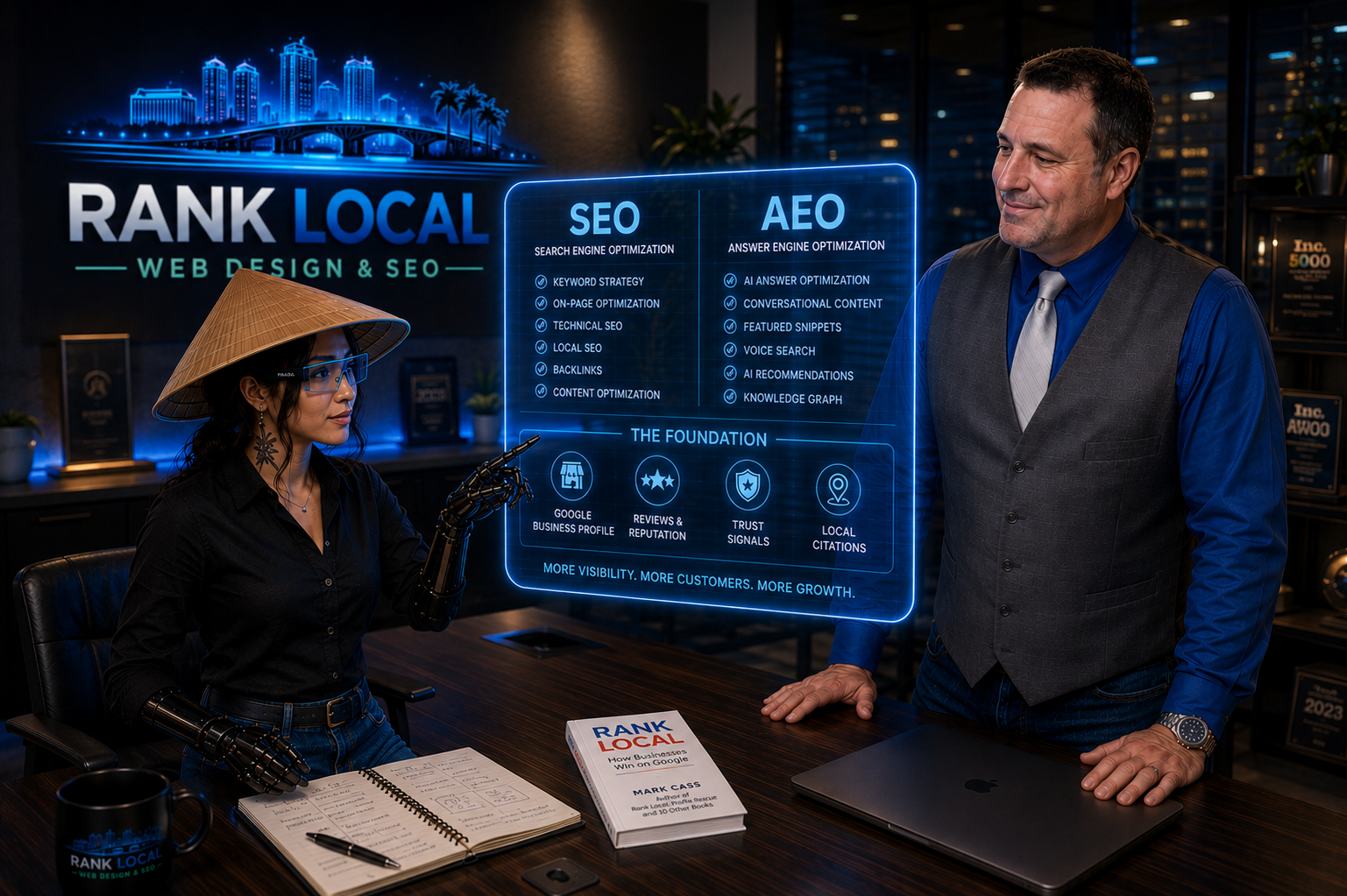 Asia: Rank Local Web Design & SEO's female Ai mascot and area guide working with Rank Local Web Design & SEO Founder Mark Cass to help a Local Fort Myers area business rank #1 on Google and be recommended by Ai for local area service searches.