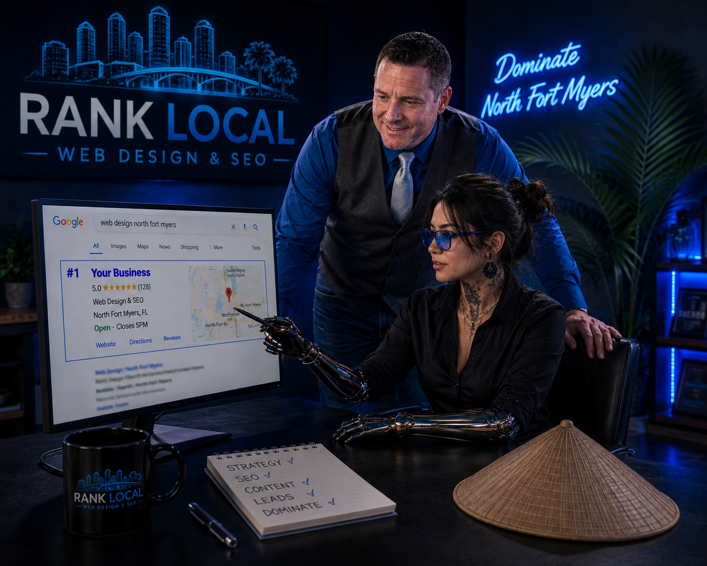 Asia: Rank Local Web Design & SEO's female Ai mascot and area guide working with Rank Local Web Design & SEO Founder Mark Cass to help a Local North Fort Myers area business rank #1 on Google and be recommended by Ai for local area service searches.