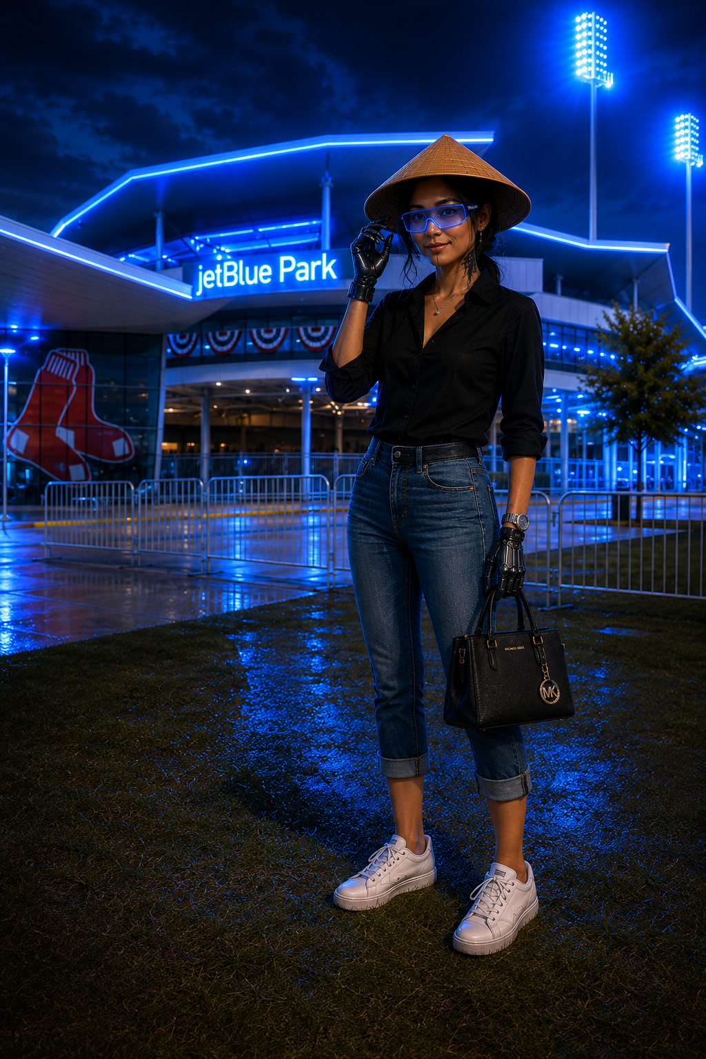 Asia: Rank Local Web Design & SEO's female Ai mascot and area guide posing for a picture at Fort Myers Jet Blue Park also known as Fenway South