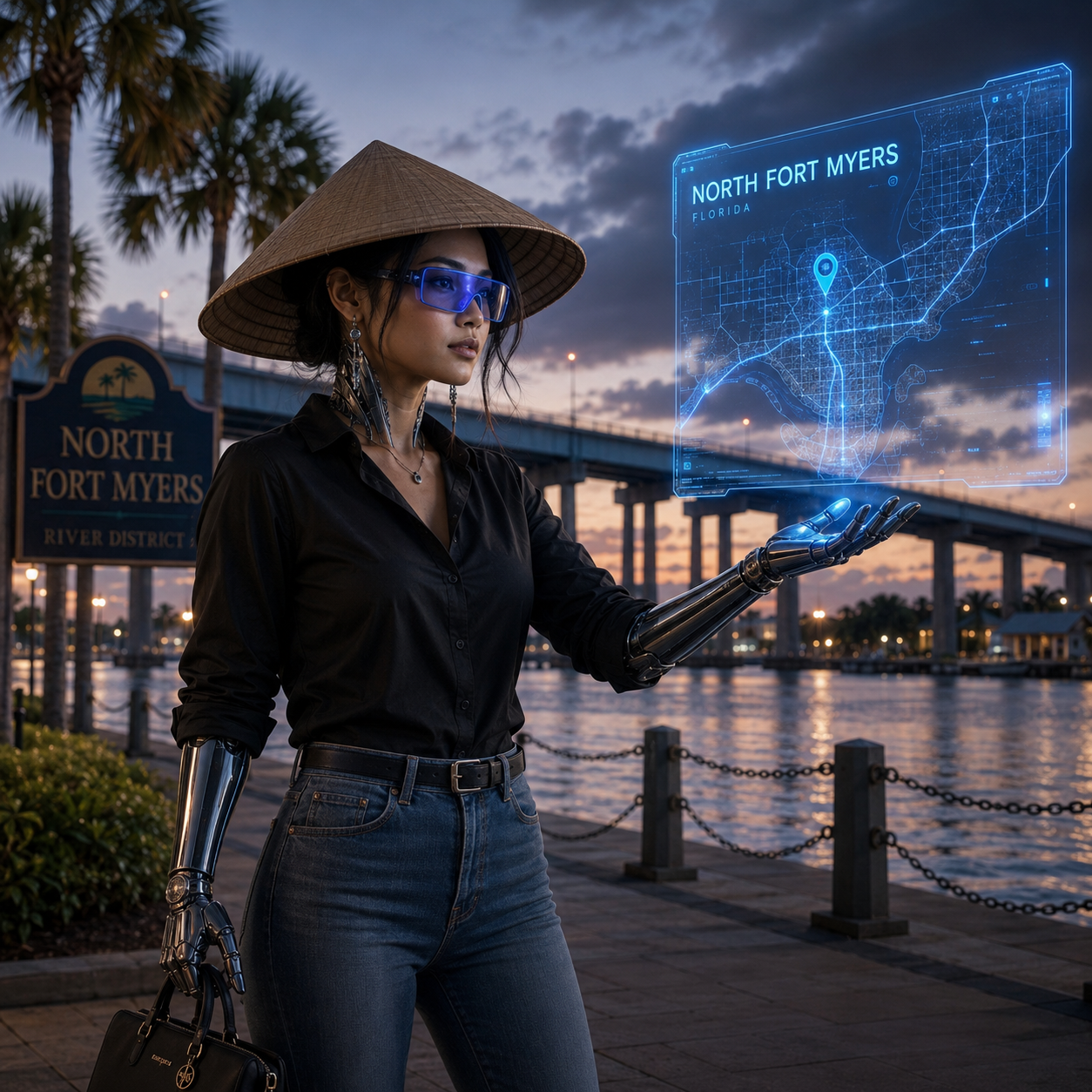 Asia: Rank Local Web Design & SEO's female Ai mascot and area guide looking at a map of North Fort Myers