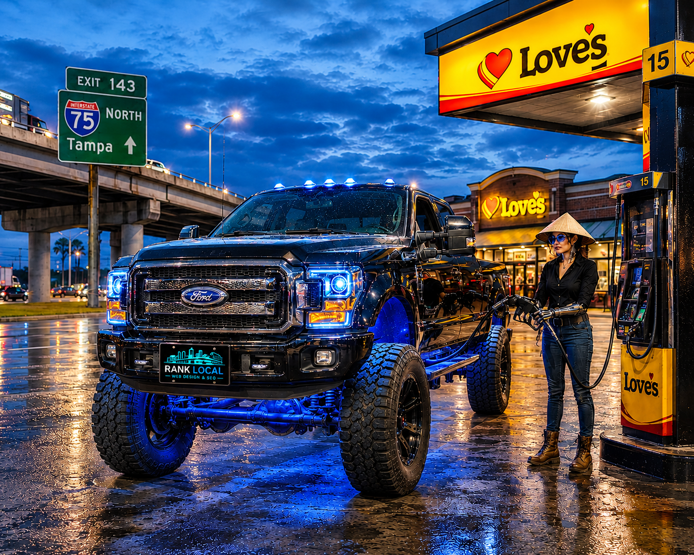 Asia: Rank Local Web Design & SEO's female Ai mascot and area guide pumping gas in her Rank Local Branded F 250 that is popular in North Fort Myers at the Loves Truck Stop located at exit 143 in North Fort Myers