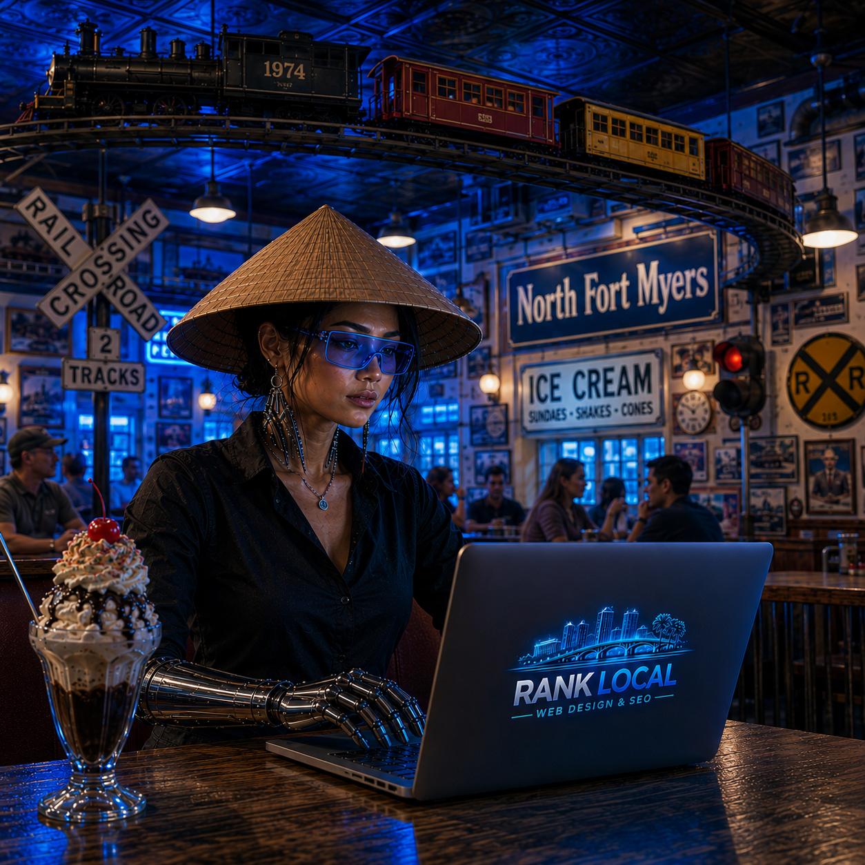 Asia: Rank Local Web Design & SEO's female Ai mascot and area guide eating an ice cream sundae at Daddy Dees Famous North Fort Myers landmark Ice Cream Parlor