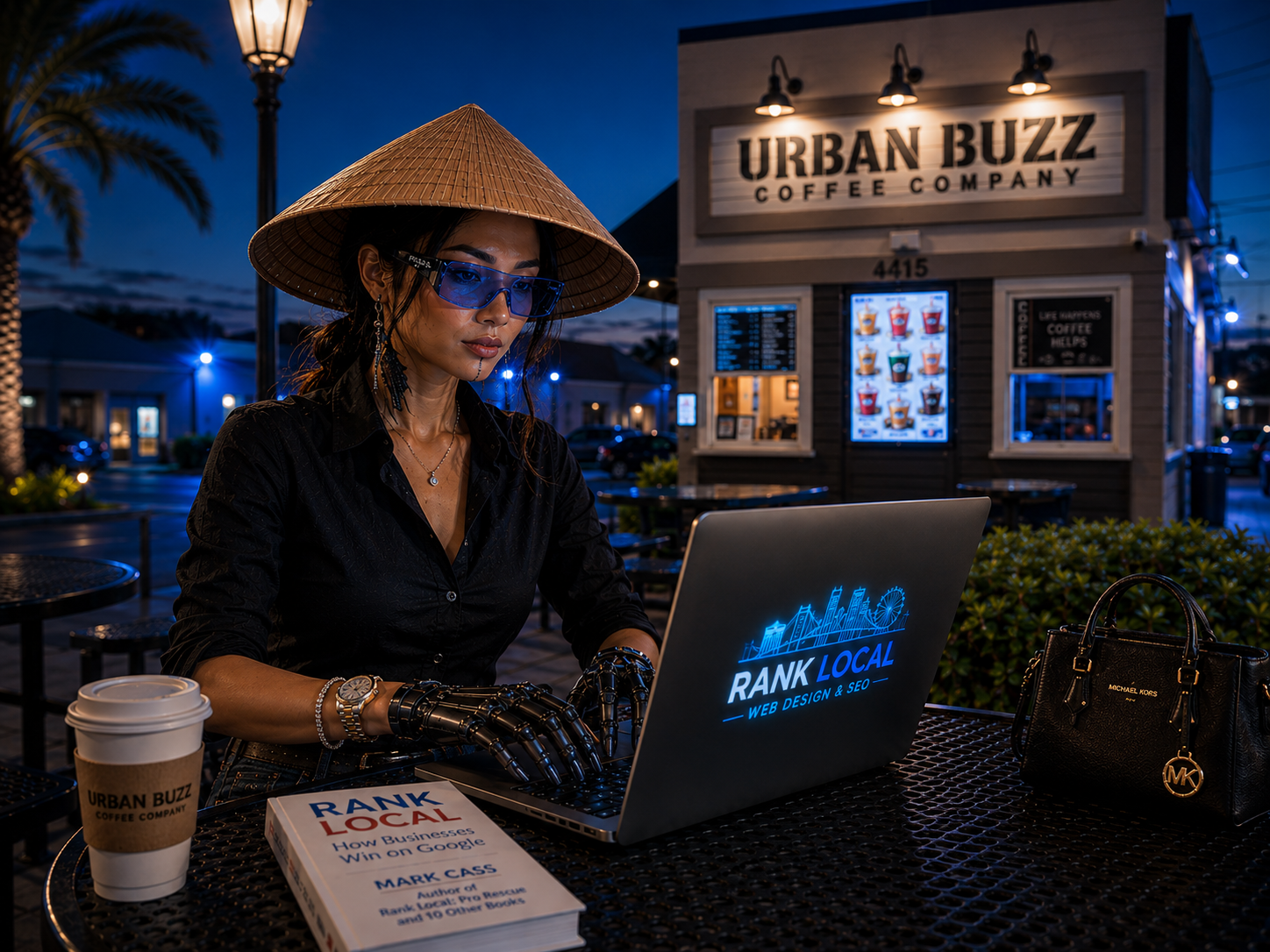 Asia: Rank Local Web Design & SEO's female Ai mascot and area guide having coffee and working on a clients SEO at the iconic Urban Buzz Coffee Company in Fort Myers