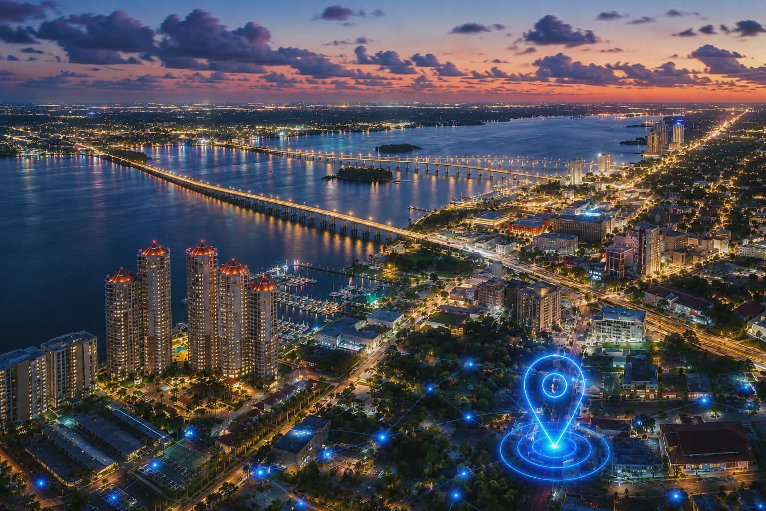 Rank Local Web Design & SEO header image featuring an arial view of Downtown Fort Myers and the Caloosahatchee River